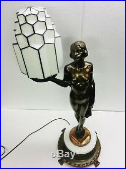 Art Deco Lamp Nude Woman Sky Scraper Shade Light Up Base, Nuart Frankart, Bronze