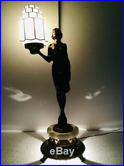 Art Deco Lamp Nude Woman Sky Scraper Shade Light Up Base, Nuart Frankart, Bronze