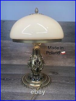 Art Deco Lamp Ornate Gold Gilded Polished Brass Mashroom Glass Shade 17.5 Tall