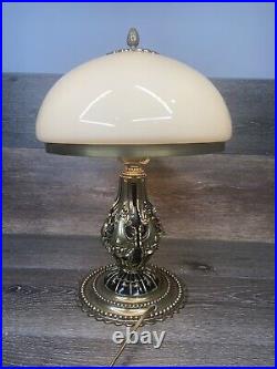 Art Deco Lamp Ornate Gold Gilded Polished Brass Mashroom Glass Shade 17.5 Tall