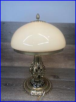 Art Deco Lamp Ornate Gold Gilded Polished Brass Mashroom Glass Shade 17.5 Tall