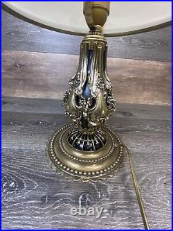 Art Deco Lamp Ornate Gold Gilded Polished Brass Mashroom Glass Shade 17.5 Tall