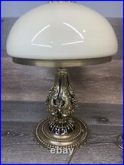 Art Deco Lamp Ornate Gold Gilded Polished Brass Mashroom Glass Shade 17.5 Tall