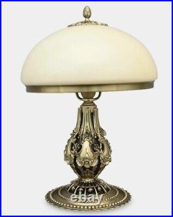 Art Deco Lamp Ornate Gold Gilded Polished Brass Mashroom Glass Shade 17.5 Tall