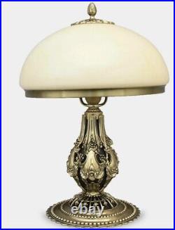 Art Deco Lamp Ornate Gold Gilded Polished Brass Mashroom Glass Shade 17.5 Tall