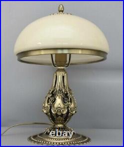 Art Deco Lamp Ornate Gold Gilded Polished Brass Mashroom Glass Shade 17.5 Tall