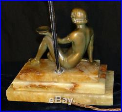 Art Deco Lamp Patinated Bronze Figure of a Woman Sitting a Bowl, France C. 1920