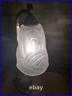 Art Deco Lamp Silver Bronze + Dough Pressed Glass Degue. Lamp French