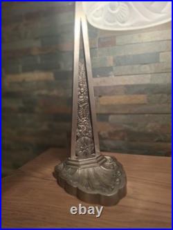 Art Deco Lamp Silver Bronze + Dough Pressed Glass Degue. Lamp French
