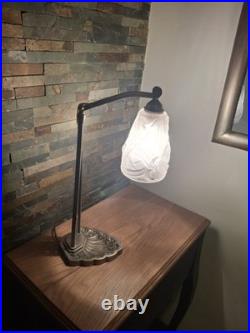 Art Deco Lamp Silver Bronze + Dough Pressed Glass Degue. Lamp French