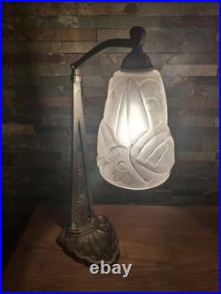 Art Deco Lamp Silver Bronze + Dough Pressed Glass Degue. Lamp French