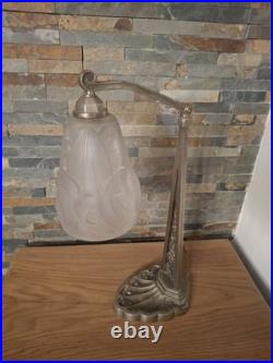 Art Deco Lamp Silver Bronze + Dough Pressed Glass Degue. Lamp French