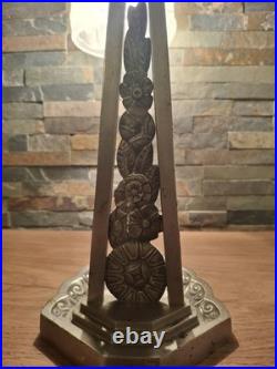Art Deco Lamp Silver Bronze + Dough Pressed Glass Degue. Lamp French