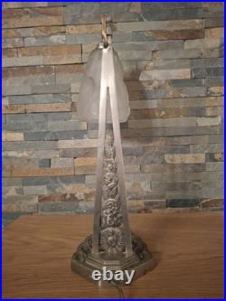 Art Deco Lamp Silver Bronze + Dough Pressed Glass Degue. Lamp French