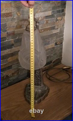 Art Deco Lamp Silver Bronze + Dough Pressed Glass Degue. Lamp French