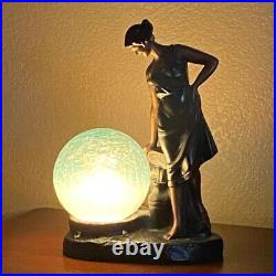 Art Deco Lamp Woman Blue Crackle Glass Globe Signed 1937 Braided 2 Prong Cord