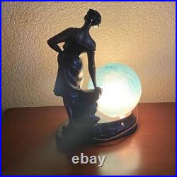 Art Deco Lamp Woman Blue Crackle Glass Globe Signed 1937 Braided 2 Prong Cord
