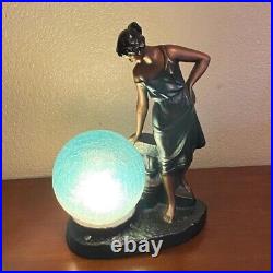 Art Deco Lamp Woman Blue Crackle Glass Globe Signed 1937 Braided 2 Prong Cord