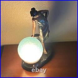 Art Deco Lamp Woman Blue Crackle Glass Globe Signed 1937 Braided 2 Prong Cord
