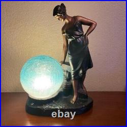 Art Deco Lamp Woman Blue Crackle Glass Globe Signed 1937 Braided 2 Prong Cord