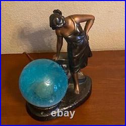 Art Deco Lamp Woman Blue Crackle Glass Globe Signed 1937 Braided 2 Prong Cord