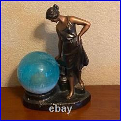 Art Deco Lamp Woman Blue Crackle Glass Globe Signed 1937 Braided 2 Prong Cord
