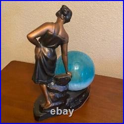 Art Deco Lamp Woman Blue Crackle Glass Globe Signed 1937 Braided 2 Prong Cord