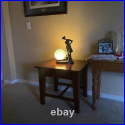 Art Deco Lamp Woman Blue Crackle Glass Globe Signed 1937 Braided 2 Prong Cord