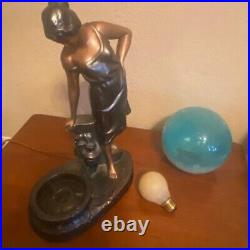 Art Deco Lamp Woman Blue Crackle Glass Globe Signed 1937 Braided 2 Prong Cord
