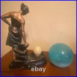 Art Deco Lamp Woman Blue Crackle Glass Globe Signed 1937 Braided 2 Prong Cord