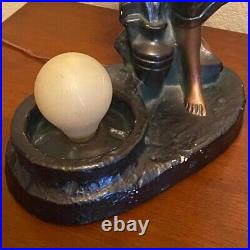 Art Deco Lamp Woman Blue Crackle Glass Globe Signed 1937 Braided 2 Prong Cord