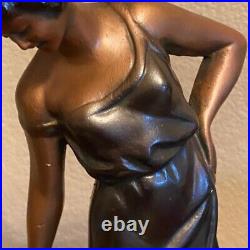 Art Deco Lamp Woman Blue Crackle Glass Globe Signed 1937 Braided 2 Prong Cord