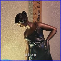 Art Deco Lamp Woman Blue Crackle Glass Globe Signed 1937 Braided 2 Prong Cord