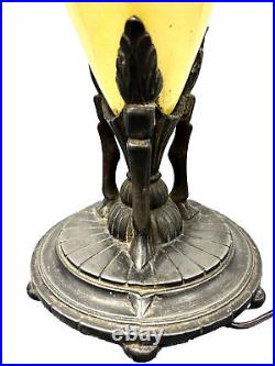Art Deco Lamp with Ornate Art Glass Vase Mounted On Bronze Tripod Base