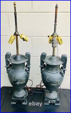 Art Deco Lamps With Roman/Greek Man and Woman In Chariots Green Marble Bases