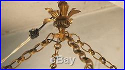 Art Deco Lantern Brass Pendant Hanging Light Lamp French Etched Frosted Glass
