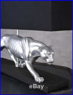 Art Deco Leuchte Panther Silber Schwarz Tischlampe Tischleuchte Leopard Lampe