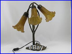 Art Deco Lily 3l Table Lamp Antique Brass Finish + Cognac (amber) Glass Shades
