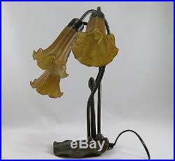 Art Deco Lily 3l Table Lamp Antique Brass Finish + Cognac (amber) Glass Shades