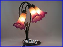 Art Deco Lily 3l Table Lamp In Antique Brass Finish + Purple Pink Glass Shades