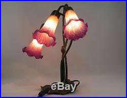Art Deco Lily 3l Table Lamp In Antique Brass Finish + Purple Pink Glass Shades