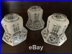 Art Deco Lot of 3 Acid Etched Arrow Pattern 5 tall Shades Hanging Lamp