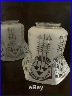 Art Deco Lot of 3 Acid Etched Arrow Pattern 5 tall Shades Hanging Lamp