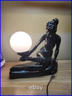 Art Deco MCM Table Lamp Resin Nude Lady Woman Globe Light Sphere Marble Finish