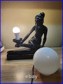 Art Deco MCM Table Lamp Resin Nude Lady Woman Globe Light Sphere Marble Finish