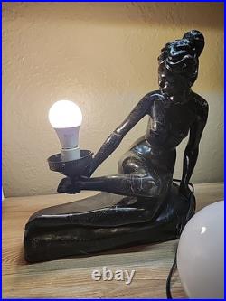 Art Deco MCM Table Lamp Resin Nude Lady Woman Globe Light Sphere Marble Finish