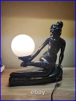 Art Deco MCM Table Lamp Resin Nude Lady Woman Globe Light Sphere Marble Finish
