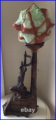 Art Deco Metal Female Nude Goodness Woman Accent Lamp With Green Globe Vintage
