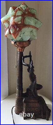 Art Deco Metal Female Nude Goodness Woman Accent Lamp With Green Globe Vintage