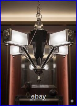 Art Deco Modernist Chandelier Antique Brass Chrome Lamp Vintage Design